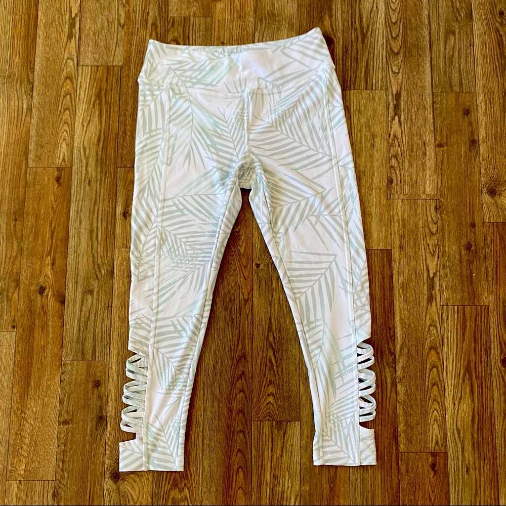 Jockey Leggings White Green Leaf Print Leg Detail Yoga Fitness Running Small